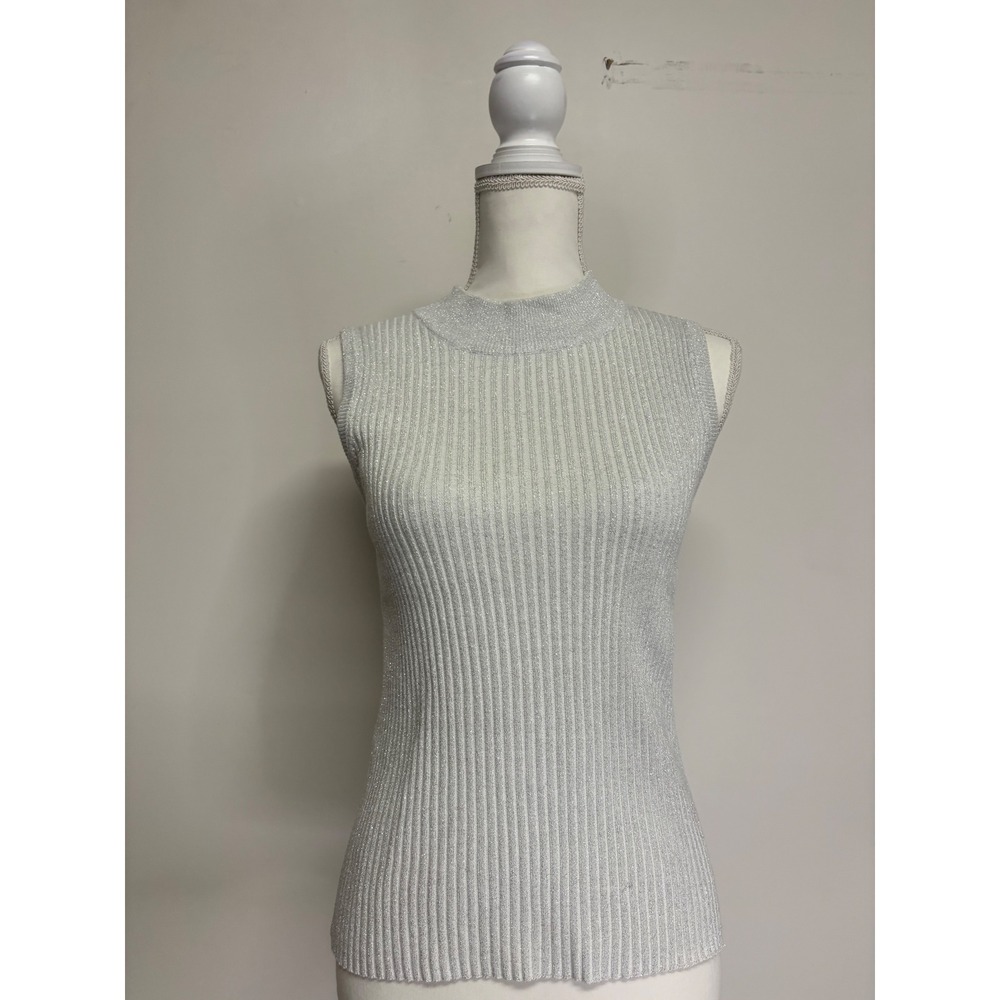 Harve Benard by Benard Holtzman Silver Ribbed Sleeveless SweaterVest Womens SZ S